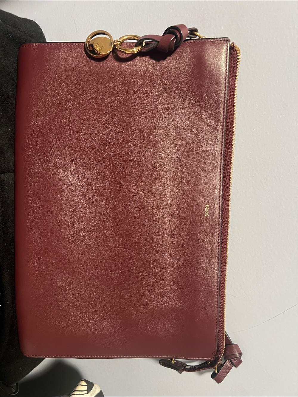 Chloe Burgundy Leather Wristlet Clutch with Gold Hardware